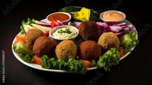 Falafel Platter - A colorful and flavorful meal with a variety of dips and veggies