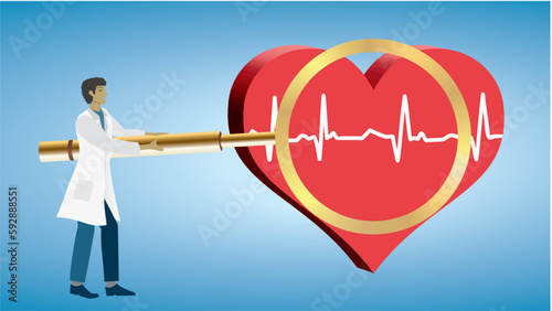 Man, doctor with on big magnifying glass , focus, looking at ECG, heart. Cordis, cor. Cardiologi, cardiologist. Dimension 16:9. You can find other organs with same banner design in my portfolio.