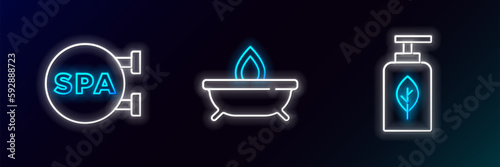 Set line Essential oil bottle, Spa salon and Aroma candle icon. Glowing neon. Vector