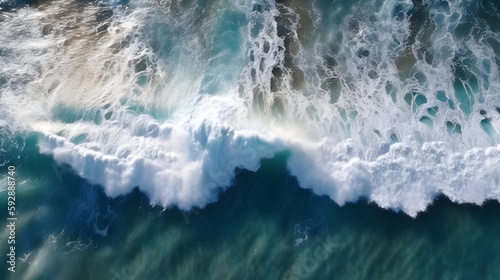 The white waves crashing and splashing in the deep sea create a mesmerizing backdrop. Taken from a drone's perspective, this photo showcases the sea waves in all their majestic glory.