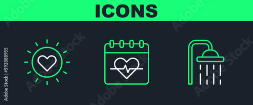 Set line Shower head, Sun and Heart rate icon. Vector