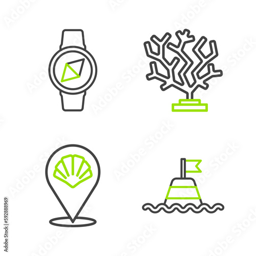 Set line Floating buoy on the sea, Scallop shell, Coral and Compass icon. Vector