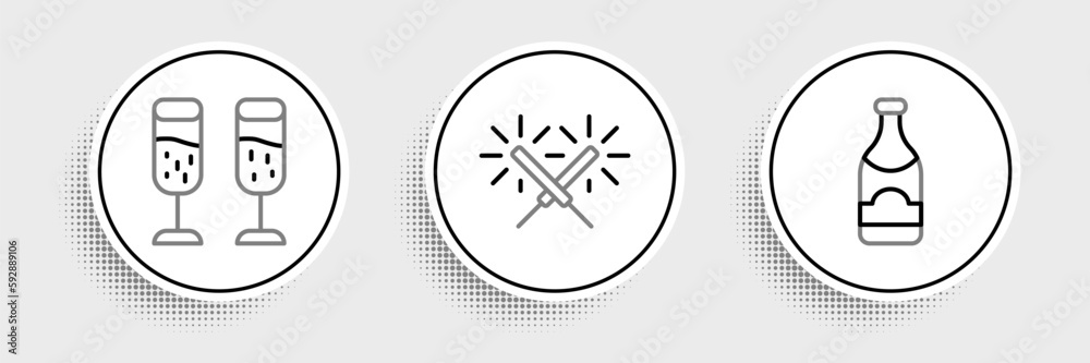 Set line Champagne bottle, Glass of champagne and Sparkler firework icon. Vector Set line Champagne bottle, Glass of champagne and Sparkler firework icon. Vector