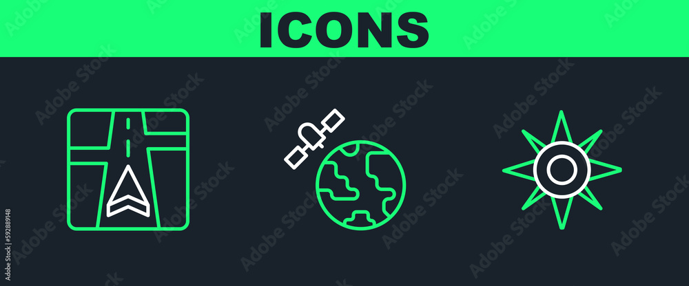 Set line Wind rose, Gps device with map and Satellites orbiting the planet icon. Vector Set line Wind rose, Gps device with map and Satellites orbiting the planet icon. Vector