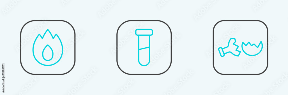 Set line Broken flask, Fire flame and Test tube and icon. Vector