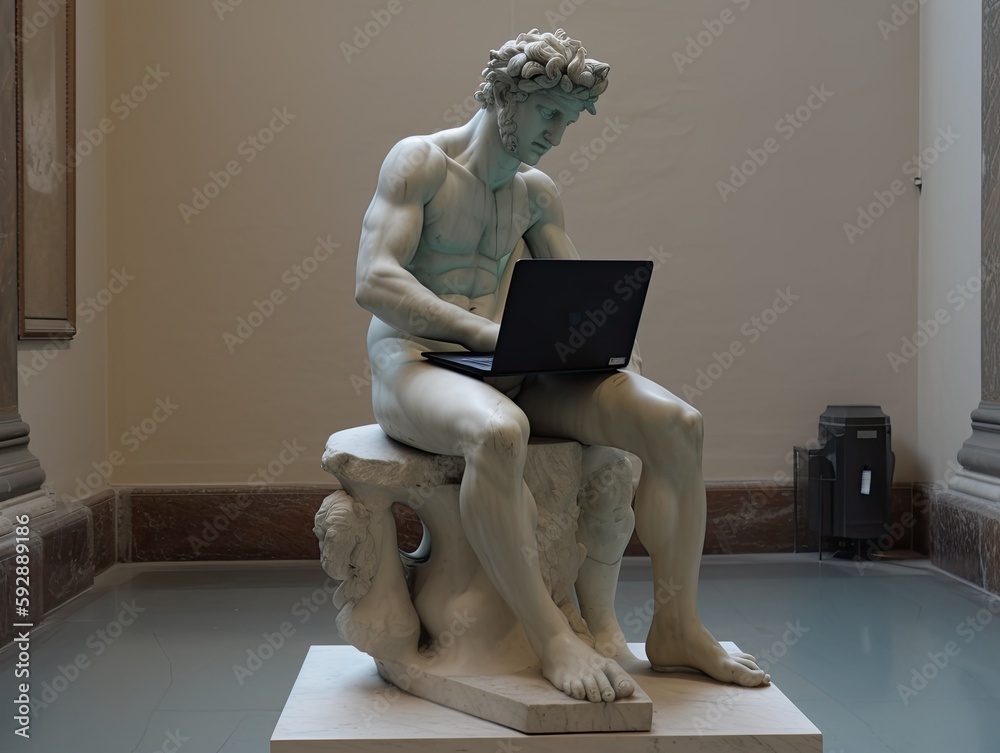 Fototapeta premium Classic statue using a laptop in the museum, Ai Generative.