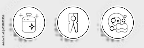 Set line Washing dishes, Clean cooking pot and Clothes pin icon. Vector