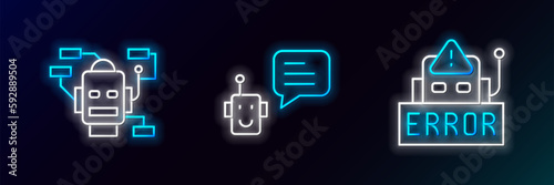 Set line Error in robot, Robot and Bot icon. Glowing neon. Vector
