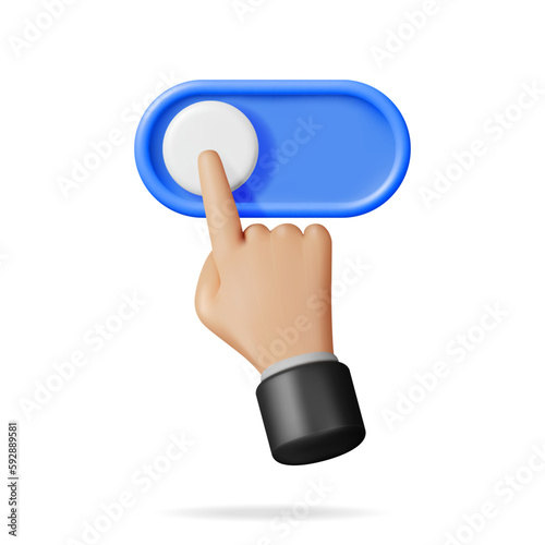 3D Hand and Switch Button Isolated on White. Render Hyman hand Index Finger and Button for Various Actions. Web Arrow. Cursor Click Symbol. Corrector, Finding and Direction. Vector Illustration