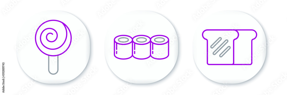 Set line Bread toast, Lollipop and Sushi icon. Vector Set line Bread toast, Lollipop and Sushi icon. Vector
