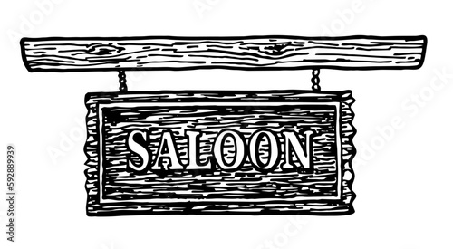 Wooden signboard with the words Saloon. Hanging board on chains with the text Saloon. Sign in front of the entrance to the old western saloon. Hand drawn vector sketch illustration isolated on white