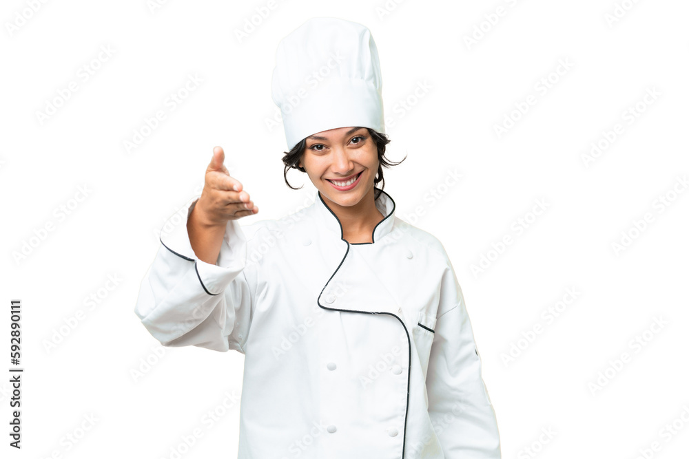 Young chef Argentinian woman over isolated background shaking hands for closing a good deal Young chef Argentinian woman over isolated background shaking hands for closing a good deal