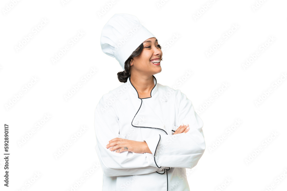 Young chef Argentinian woman over isolated background happy and smiling Young chef Argentinian woman over isolated background happy and smiling