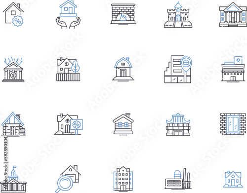 Property investment outline icons collection. investment, property, realestate, rentals, yielding, revenue, capital vector and illustration concept set. return, leasing, mortgaging linear signs