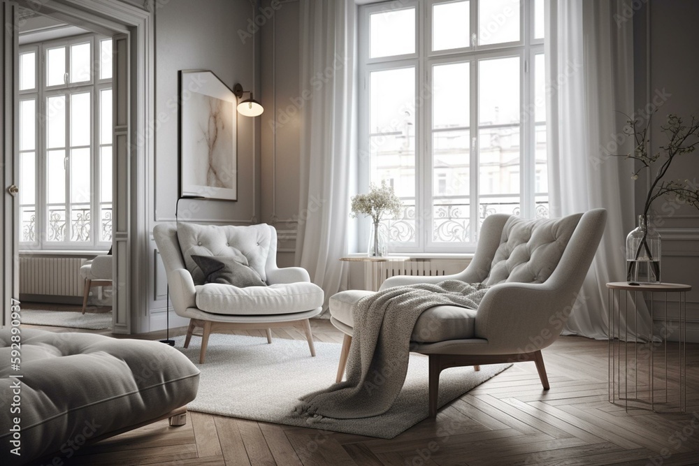 White living room with armchair. Scandinavian interior design. 3D illustration. Generative AI