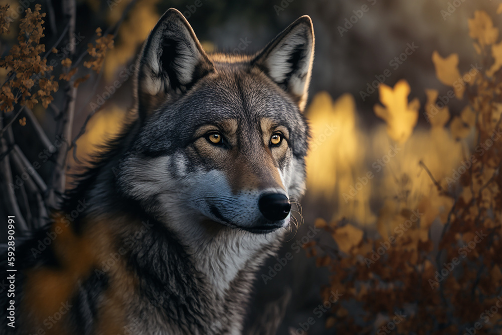 Wolf in the Wild. Generative AI.
A realistic digital painting of a wolf in the forest.