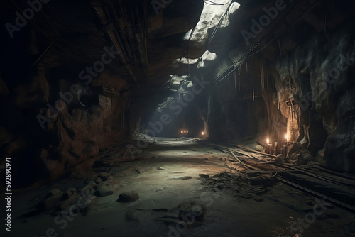 Abandoned house in cave. Generative AI. Fototapeta
