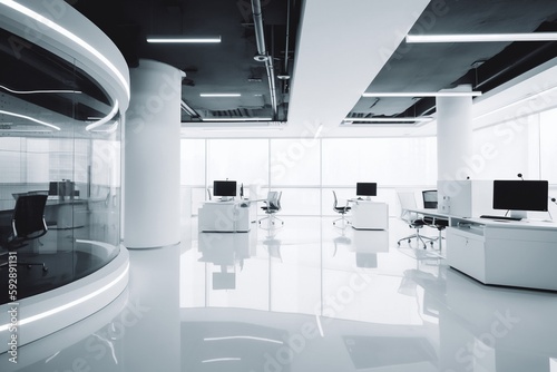 A modern, minimalist office space, with clean lines and high-tech equipment. The image should be in a sleek, futuristic mode, with the details of the office's design and the technology emphasized