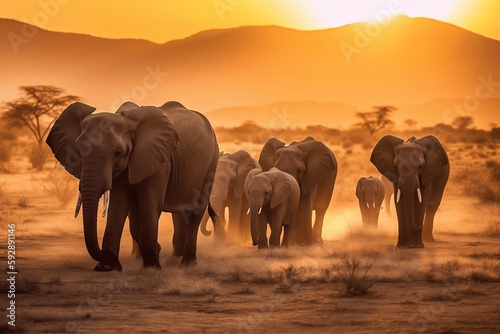 A herd of majestic elephants walking across a vast, open plain, with the sun setting behind them. The image should be in a warm, golden mode, with the focus on the beauty of the natural setting and th