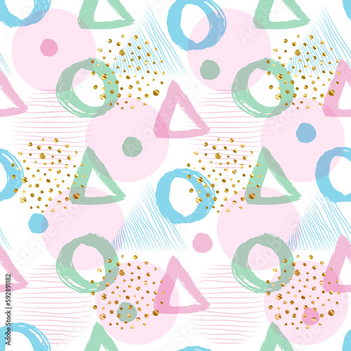 Geometric abstract seamless pattern with circles triangles and gold glitter elements-illustration. 