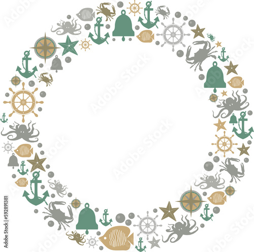 The logo circles from nautical theme-illustration. Circular ornament fish crab octopus helm anchor logo circle