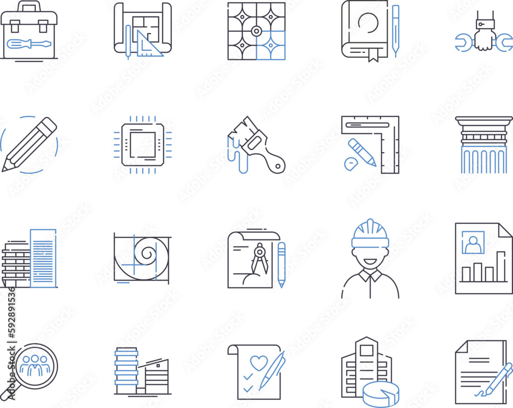 Engineering and design outline icons collection. Engineering, Design, Technical, CAD, Innovate, Create, Develop vector and illustration concept set. Construct, Plan, Manufacture linear signs Engineering and design outline icons collection. Engineering, Design, Technical, CAD, Innovate, Create, Develop vector and illustration concept set. Construct, Plan, Manufacture linear signs
