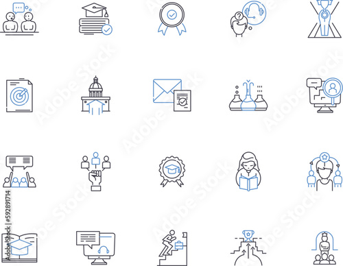 Education outline icons collection. learning, knowledge, enlightenment, instructing, teaching, curricula, textbooks vector and illustration concept set. textbooks,studying, examination linear signs