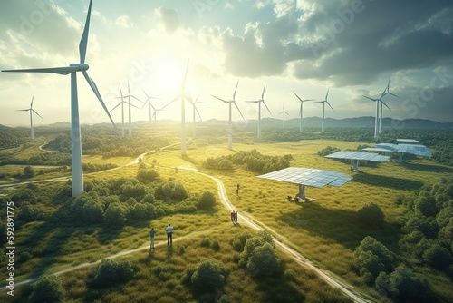 Field with wind turbines and photovoltaic (PV) installations