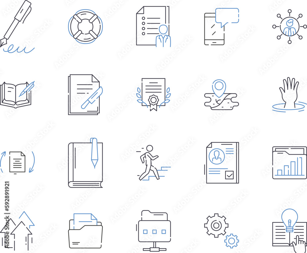 Office tools outline icons collection. Workplace, Software, Suite, Calendar, Document, Sharing, Collaboration vector and illustration concept set. Scheduling, Presentation, Spreadsheet linear signs Office tools outline icons collection. Workplace, Software, Suite, Calendar, Document, Sharing, Collaboration vector and illustration concept set. Scheduling, Presentation, Spreadsheet linear signs