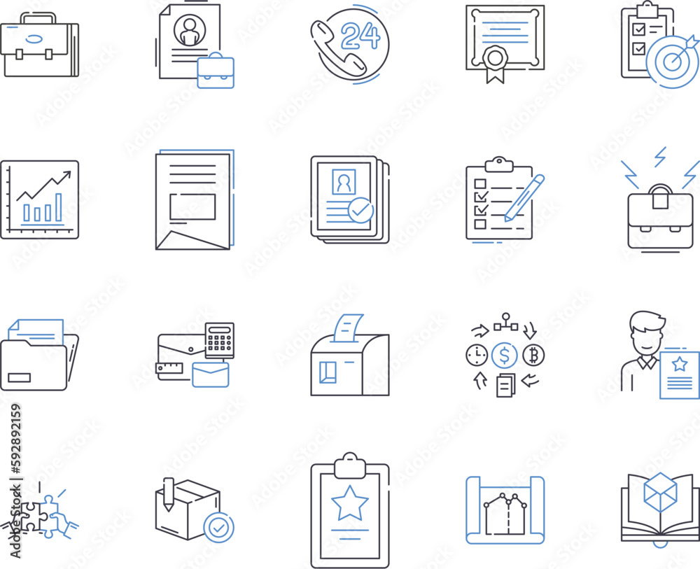 Document flow outline icons collection. Document, Flow, Management, Automation, Tracking, Log, System vector and illustration concept set. Audit, Review, Storage linear signs Document flow outline icons collection. Document, Flow, Management, Automation, Tracking, Log, System vector and illustration concept set. Audit, Review, Storage linear signs