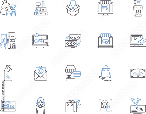 Store outline icons collection. Shop, Outlet, Stock, Stockroom, Depot, Bazaar, Mart vector and illustration concept set. Supermarket, Emporium, Boutique linear signs