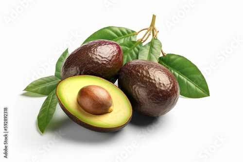 Avocado with leaves on the white background