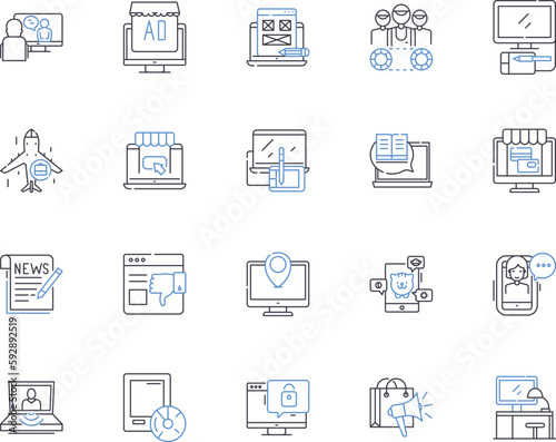 Media company outline icons collection. Media, Company, Broadcasting, Video, Production, Advertising, Television vector and illustration concept set. Press, Digital, Content linear signs