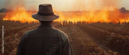 Farmer watches the field burn. Generative AI