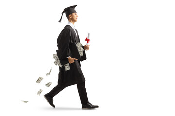 Full length profile shot of a male graduate student walking and carrying a case with money for a student debt loan