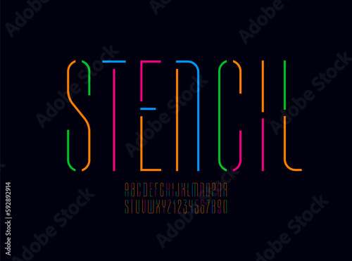 Font from ultra thin multi-colored lines, trendy stencil narrow alphabet, modern condensed letters and numbers on a black background, vector illustration 10EPS