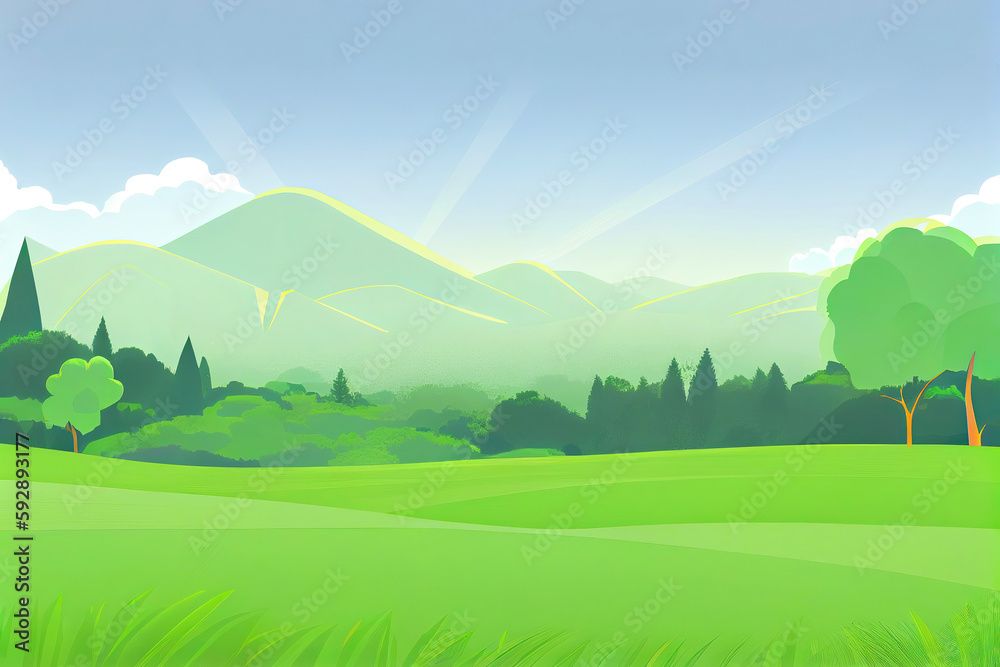 Simple green meadow landscape as anime nature wallpaper (Generative AI)