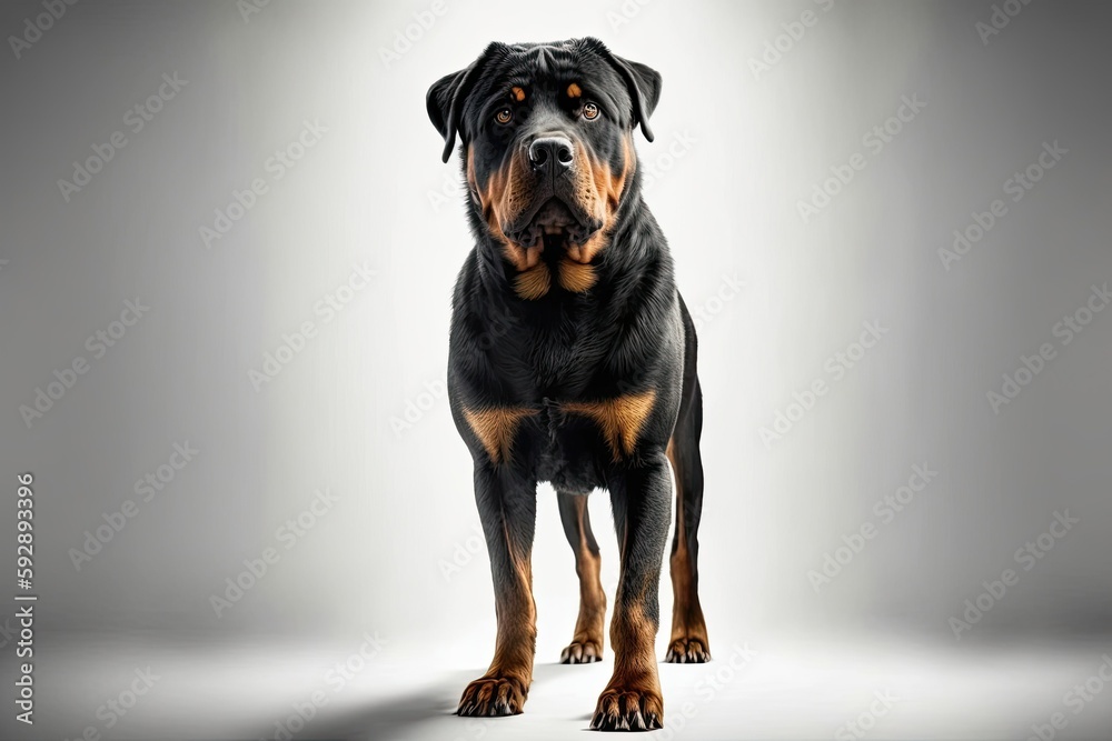 healthy Rottweiler dog standing outdoors alert expression. Great pet or animal care concept. Generative AI healthy Rottweiler dog standing outdoors alert expression. Great pet or animal care concept. Generative AI