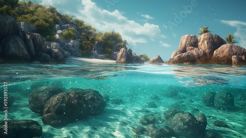 Abstract background with seascape bay and clear water with underwater stones, mountains rocks and palm trees. Summer landscape wallpaper. Horizontal illustration for banner design. Generative AI.