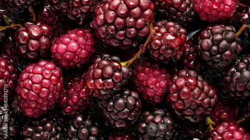 Fresh Boysenberry Seamless Background with Glistening Droplets - Hasselblad Shot, Pro Color Grading, Soft Shadows, and High-End Retouching. Generative AI.