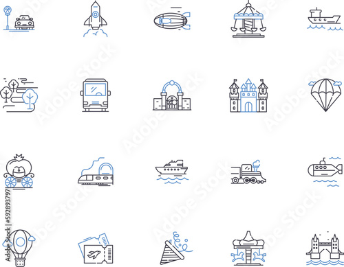 Travel outline icons collection. Trip, Tour, Journey, Voyage, Explore, Vacation, Fly vector and illustration concept set. Adventure, Sightsee, Road Trip linear signs