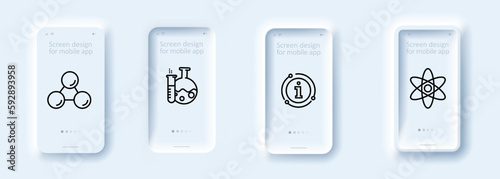 Science icons set. Molecules, flask, test tube, reaction, fluidity, network, atom, information. Science concept