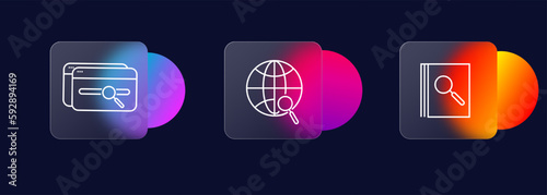 Search icons set. Magnifier, file, network, book, document, interest. Search concept.