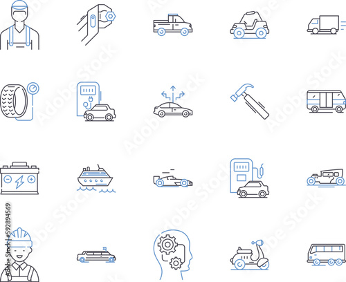 Transport service outline icons collection. Transportation, Shipping, Delivery, Courier, Logistics, Freight, Moving vector and illustration concept set. Hauling, Cruise, Rail linear signs