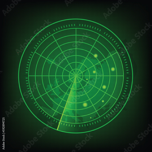Abstract green radar with targets in action. Military search system.