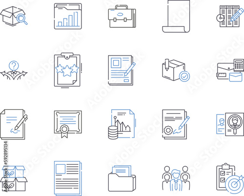 Document processing outline icons collection. Documentation, Processing, Editing, Scanning, Creating, Sharing, Formatting vector and illustration concept set. Organizing, Retrieving, Converting linear
