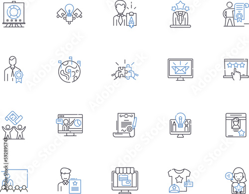 Marketing concept outline icons collection. Strategy, Promotion, Customers, Segmentation, Brand, Research, Targeting vector and illustration concept set. Advertising, Perception, Social linear signs