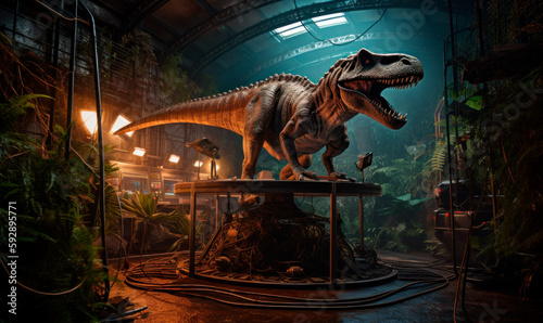 Dinosaur displayed at a underground museum. Generative AI