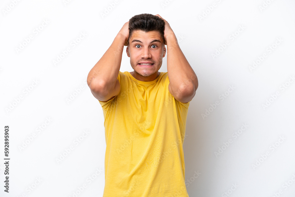 Young caucasian man isolated on white background doing nervous gesture Young caucasian man isolated on white background doing nervous gesture