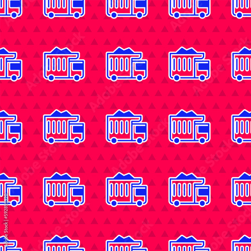 Blue Large industrial mining dump truck icon isolated seamless pattern on red background. Big car. Vector
